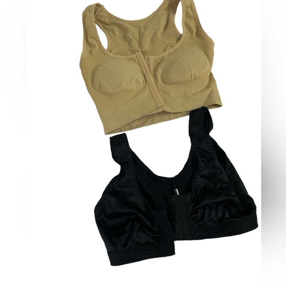 Set of two nursing or after surgery front close sports bras nude black small